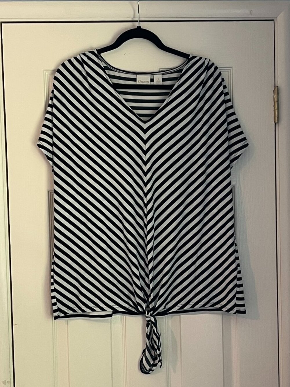 Chico's Black and White Diagonal Striped V-Neck Top